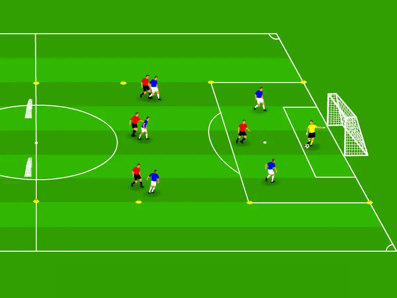Diagram of a build up from the back drill with a goalkeeper and four defenders playing through five pressing players