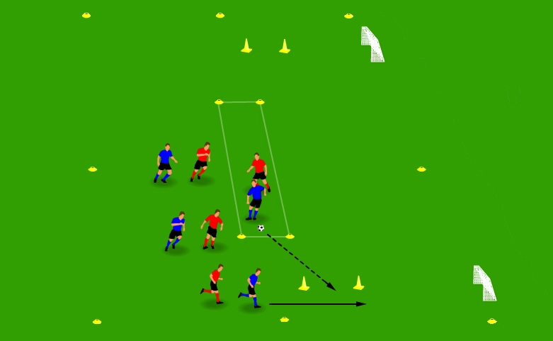 Switching play drill showing a diagonal pass through a gate to break a defensive block